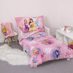 Disney Pretty Pretty Princess Pink, Blue, and Yellow 4 Piece Toddler Bed Set - Comforter, Fitted Bottom Sheet, Flat Top Sheet, and Reversible Pillowcase