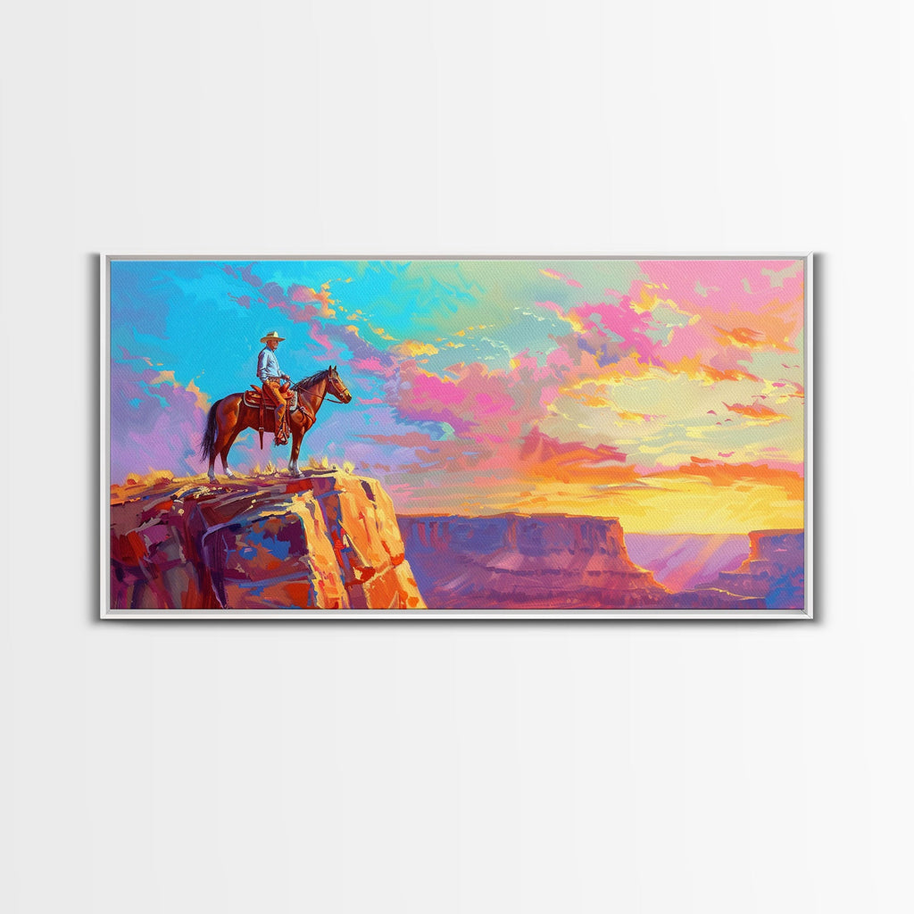 Cowboy Watching Sunset Over Canyon, Farmhouse Style Framed Canvas Print for Living Room Wall Art, Vibrant Home Decor, Western Landscape