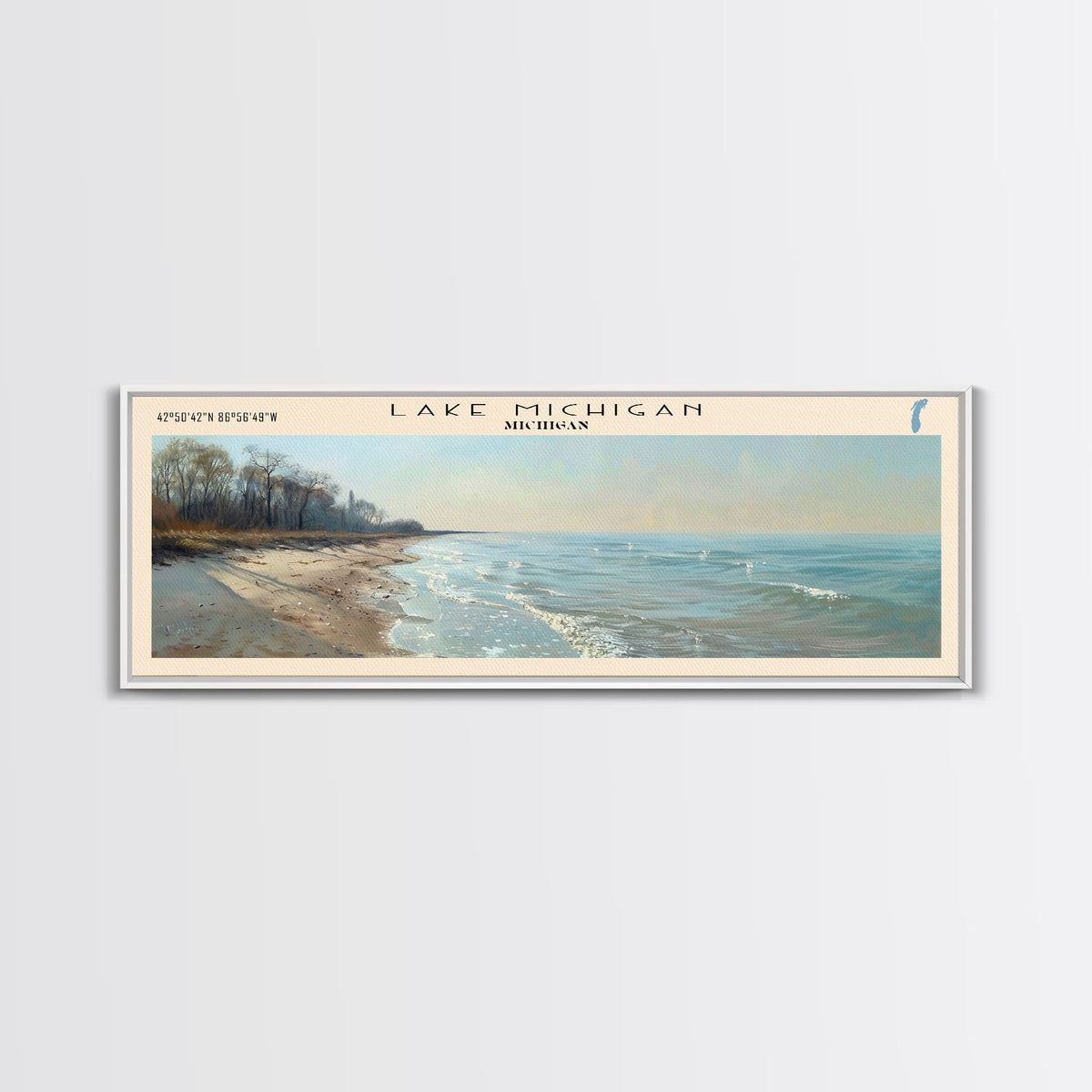 Lake Michigan Framed Canvas Print, Lake House Decor, Panoramic Wall Art, Travel Poster, Beautiful Landscape Painting, Bedroom Decor