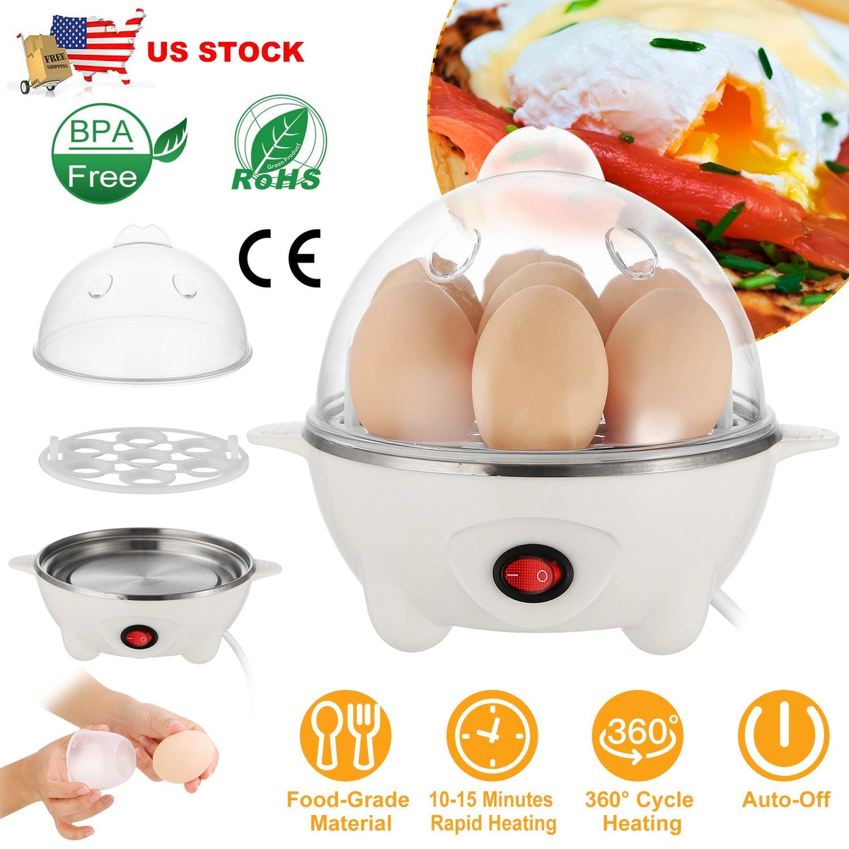 Electric Egg Cooker 7-Capacity BPA-Free Hard-Boiled Egg Maker w/ Auto-Off Measuring Cup for Hard Boiled Steamed Vegetables Seafood Dumplings