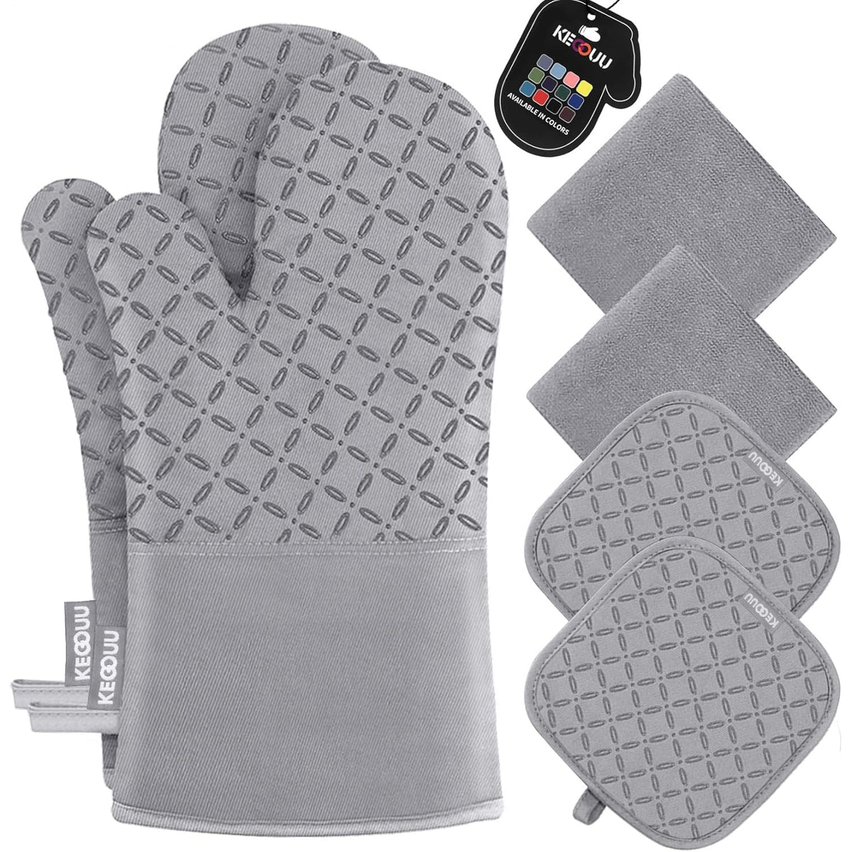 KEGOUU Oven Mitts and Pot Holders 6pcs Set, Kitchen Oven Glove High Heat Resistant 500 Degree Extra Long Oven Mitts and Potholder with Non-Slip Silicone Surface for Cooking (Gray)