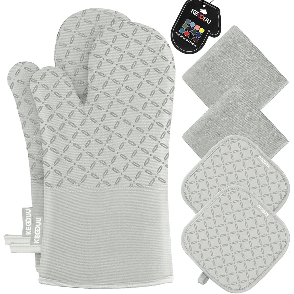 KEGOUU Oven Mitts and Pot Holders 6pcs Set, Kitchen Oven Glove High Heat Resistant 500 Degree Extra Long Oven Mitts and Potholder with Non-Slip Silicone Surface for Cooking (Gray)