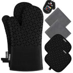 KEGOUU Oven Mitts and Pot Holders 6pcs Set, Kitchen Oven Glove High Heat Resistant 500 Degree Extra Long Oven Mitts and Potholder with Non-Slip Silicone Surface for Cooking (Gray)