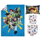 Disney Toy Story Taking Action Blue, Green and Yellow 4 Piece Toddler Bed Set - Comforter, Fitted Bottom Sheet, Flat Top Sheet, and Reversible Pillowcase
