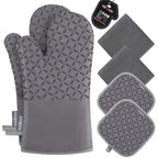 KEGOUU Oven Mitts and Pot Holders 6pcs Set, Kitchen Oven Glove High Heat Resistant 500 Degree Extra Long Oven Mitts and Potholder with Non-Slip Silicone Surface for Cooking (Gray)