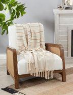 Fennco Styles Textured Stripe Throw Blanket with Tassel 50" W x 60" L – Ivory Woven Line Blanket for Bed, Couch, Sofa, Holidays, Home Décor and Office Décor