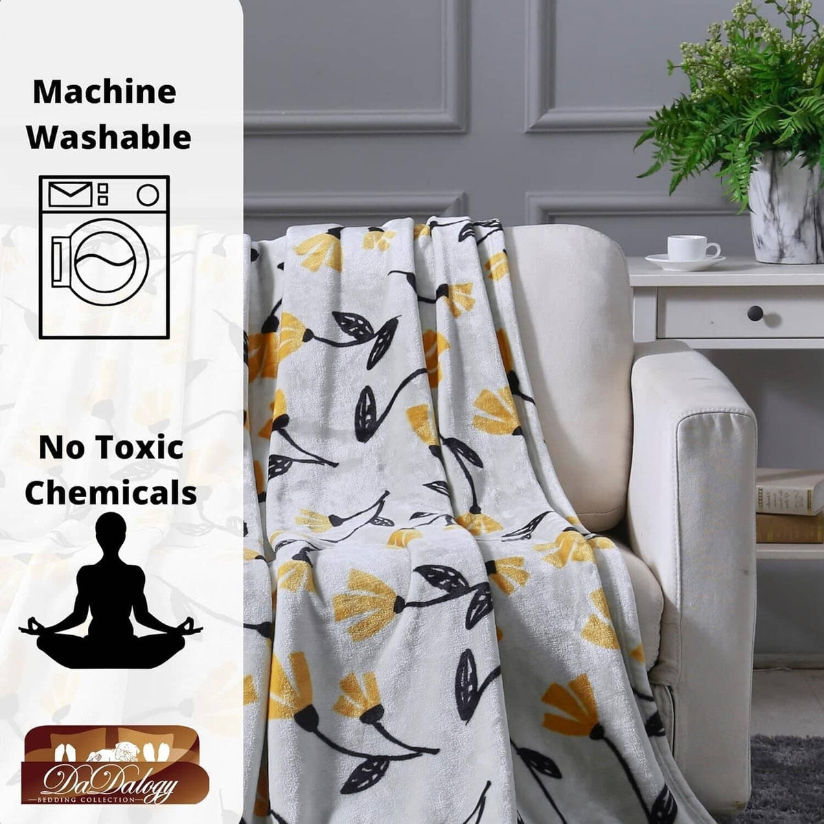 DaDa Bedding Soft Lightweight Fleece Throw Blanket, Yellow Fleur Floral Golden Orange Silver/Grey Background (XY1011)