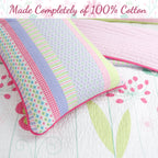 Blossom Floral Pink Purple Stripe Print Cotton Reversible Quilt Bedding Set