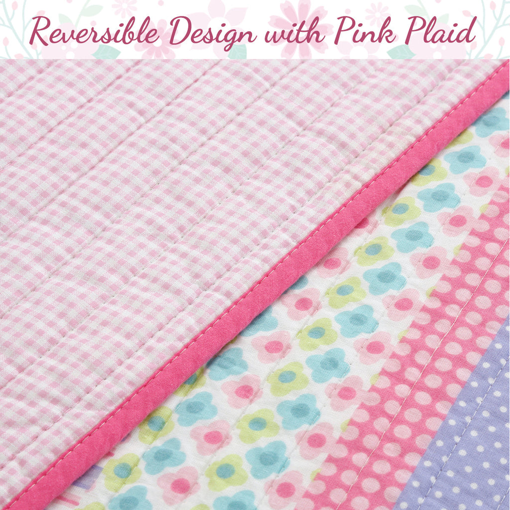 Blossom Floral Pink Purple Stripe Print Cotton Reversible Quilt Bedding Set