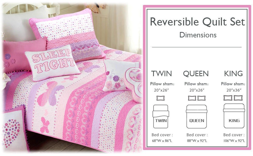 Butterfly Fairisle Pink Purple Striped Sweater Print Cotton Reversible Quilt Bedding Set