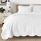 Serenity White Victorian Scalloped Medallion Floral Pure Solid Cotton Reversible Quilt Bedding Set