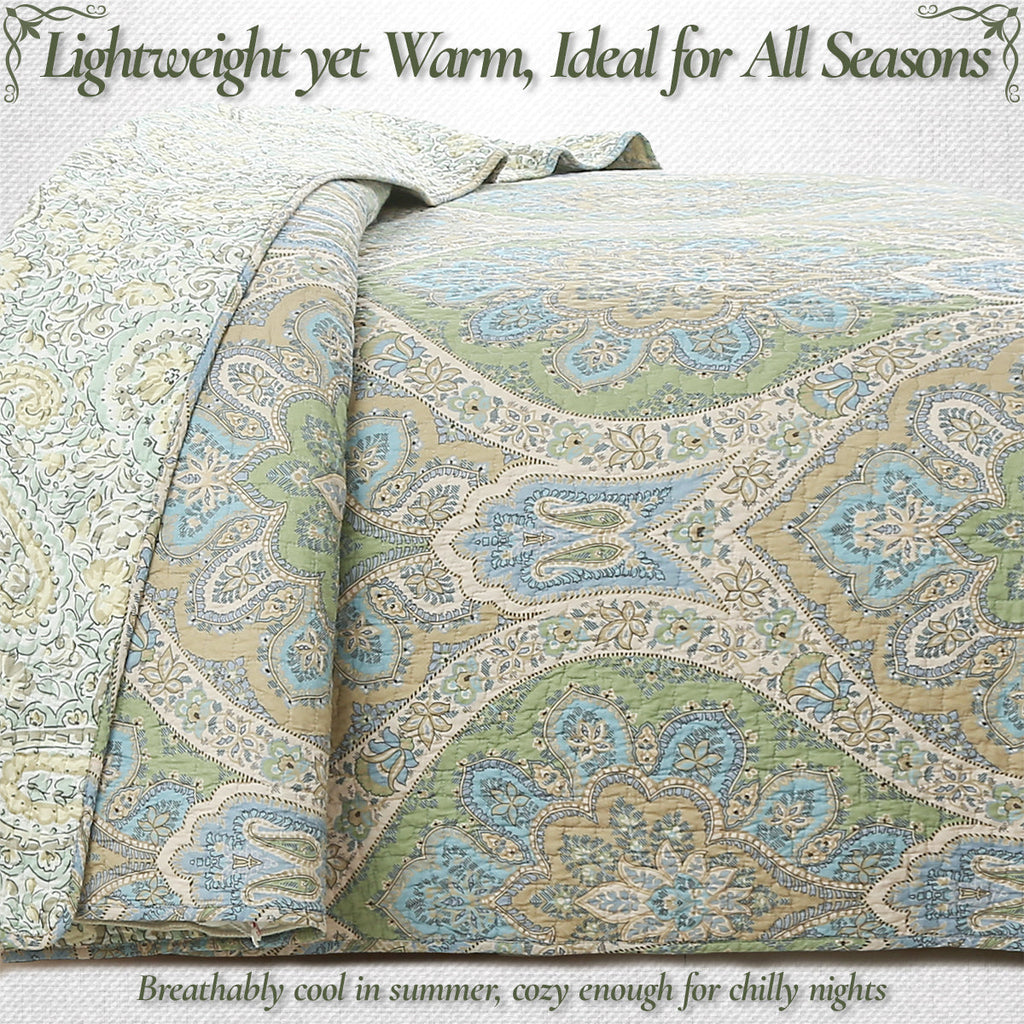 Tweedia Blue Green Floral Paisley Damask 3 Piece Cotton Quilt Bedding Set