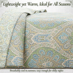 Tweedia Blue Green Floral Paisley Damask 3 Piece Cotton Quilt Bedding Set