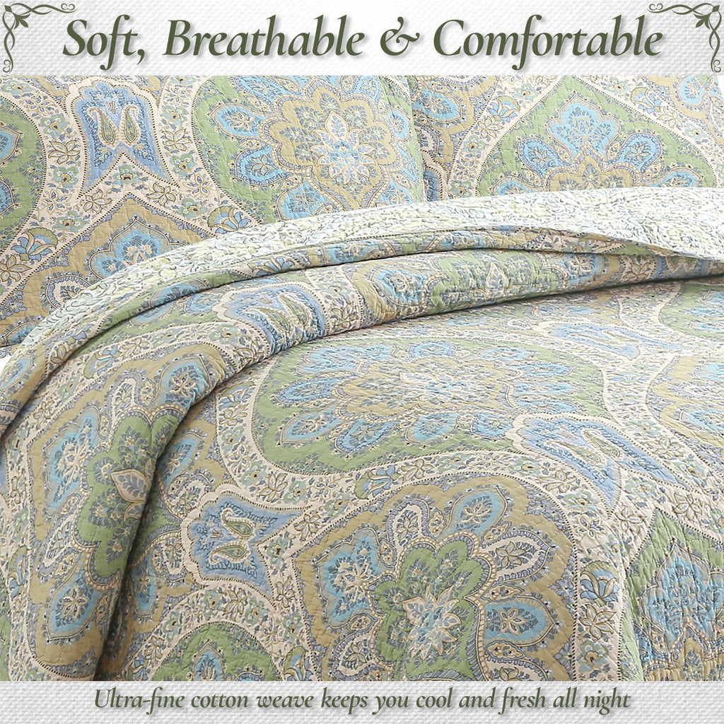 Tweedia Blue Green Floral Paisley Damask 3 Piece Cotton Quilt Bedding Set