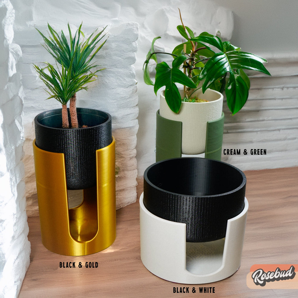 Modern Elevated Planter and Plant Stand Set - 2-Piece Plant Pot with Drainage in Multi Colors & Sizes, Mid-Century Modern Indoor Plant Stand