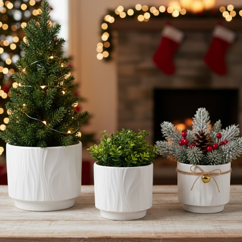 3-Piece White Stoneware Planter Pot Set with Embossed Texture