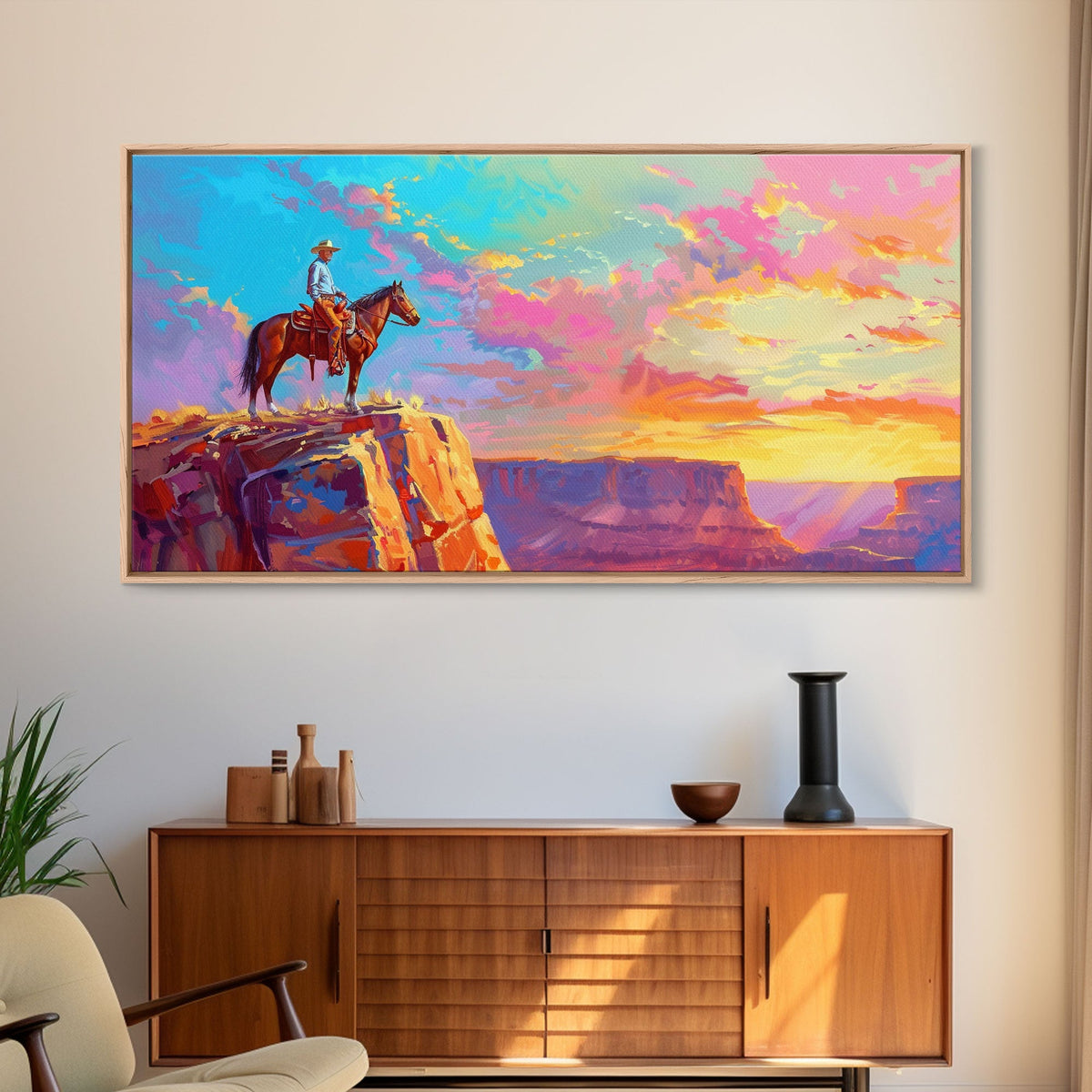 Cowboy Watching Sunset Over Canyon, Farmhouse Style Framed Canvas Print for Living Room Wall Art, Vibrant Home Decor, Western Landscape
