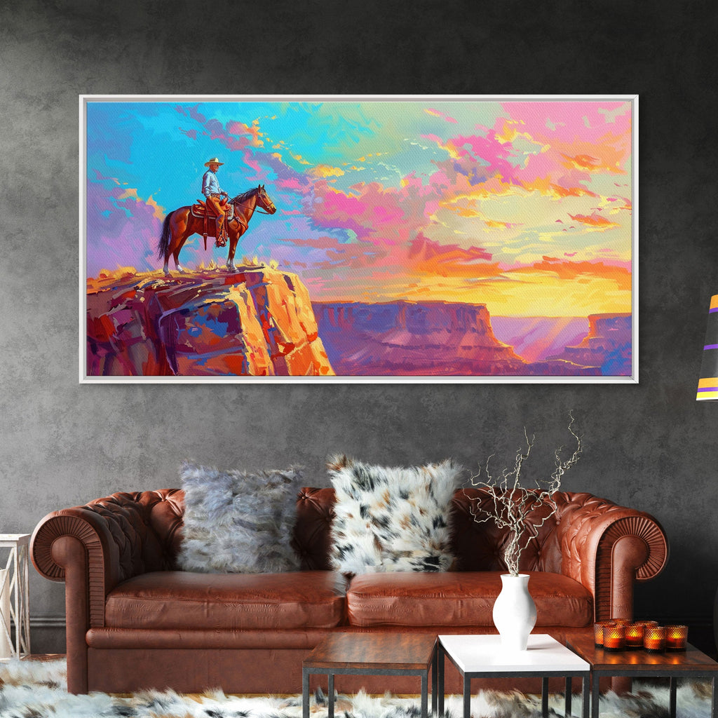 Cowboy Watching Sunset Over Canyon, Farmhouse Style Framed Canvas Print for Living Room Wall Art, Vibrant Home Decor, Western Landscape