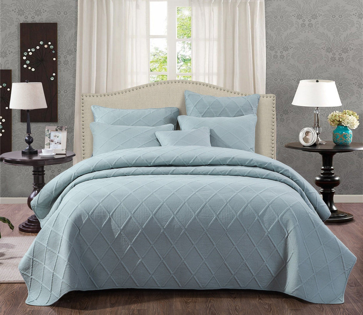 Tache Soothing Pastel Seafoam Blue Diamond Stitch Cotton Quilt Set (JHW-856)