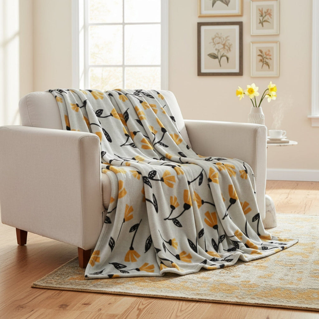 DaDa Bedding Soft Lightweight Fleece Throw Blanket, Yellow Fleur Floral Golden Orange Silver/Grey Background (XY1011)