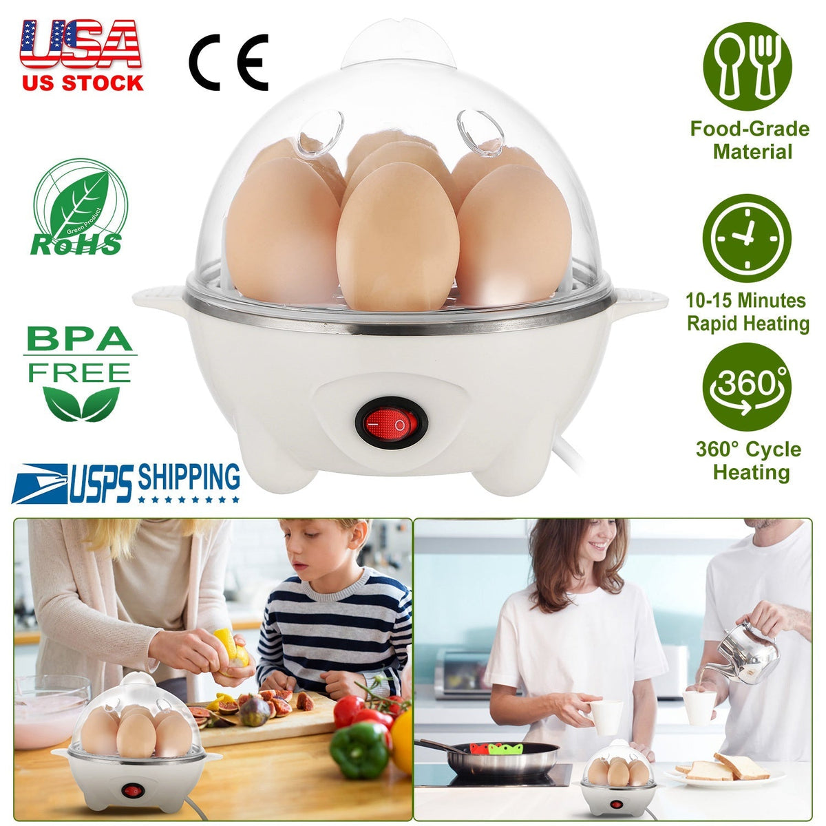 Electric Egg Cooker 7-Capacity BPA-Free Hard-Boiled Egg Maker w/ Auto-Off Measuring Cup for Hard Boiled Steamed Vegetables Seafood Dumplings