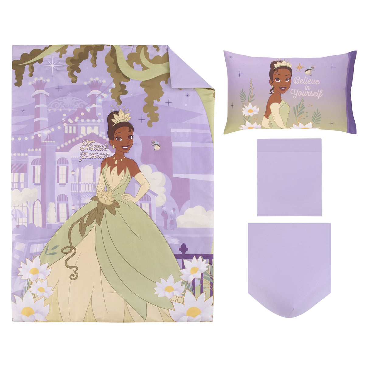 NoJo Disney Princess Tiana Create Your World 4 Piece Toddler Bed Set - Comforter, Fitted Bottom Sheet, Flat Top Sheet, Reversible Pillowcase, Lavender, Green, Yellow