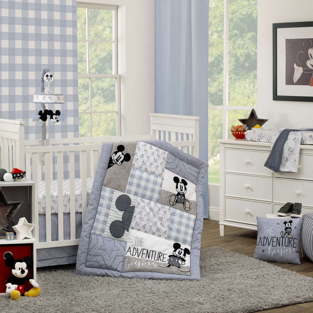 Mickey Mouse - Call Me Mickey Blue, White, and Gray The Adventure Begins Stars and Gingham 3 Piece Nursery Crib Bedding Set - Comforter, 100% Cotton Fitted Crib Sheet, and Crib Skirt