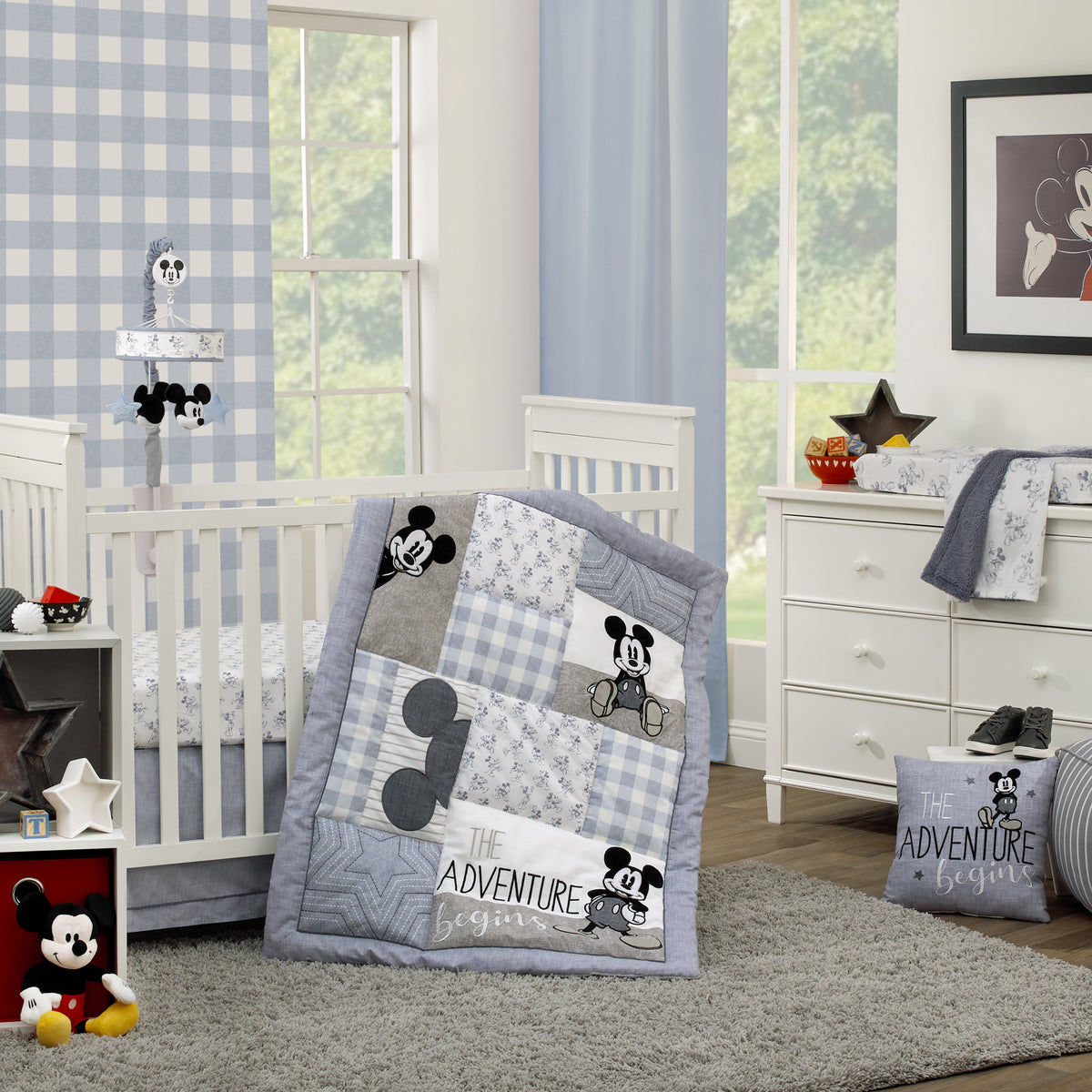 Mickey Mouse - Call Me Mickey Blue, White, and Gray The Adventure Begins Stars and Gingham 3 Piece Nursery Crib Bedding Set - Comforter, 100% Cotton Fitted Crib Sheet, and Crib Skirt
