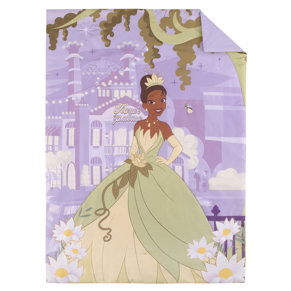 NoJo Disney Princess Tiana Create Your World 4 Piece Toddler Bed Set - Comforter, Fitted Bottom Sheet, Flat Top Sheet, Reversible Pillowcase, Lavender, Green, Yellow
