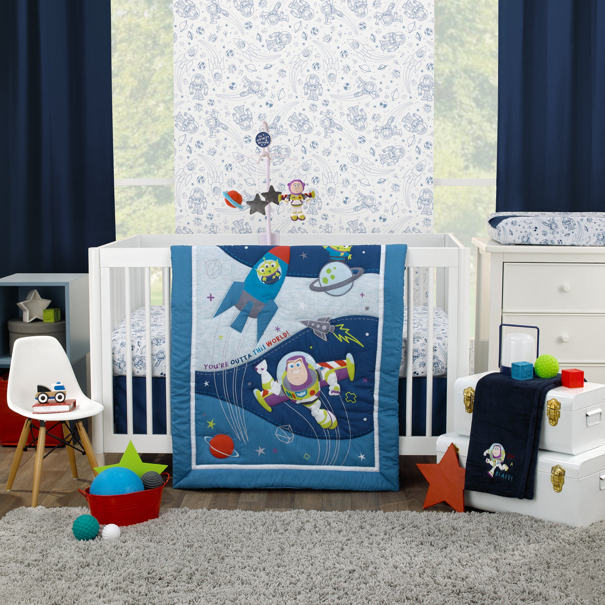 Toy Story Outta This World Blue and Gray Buzz Lightyear 4 Piece Nursery Crib Bedding Set - Comforter, Fitted Crib Sheet, Changing Pad Cover, and Crib Skirt