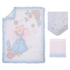 Disney Sweet Princess Light Blue, Pink, and White Cinderella 3 Piece Nursery Crib Bedding Set - Comforter, 100% Cotton Fitted Crib Sheet and Crib Skirt