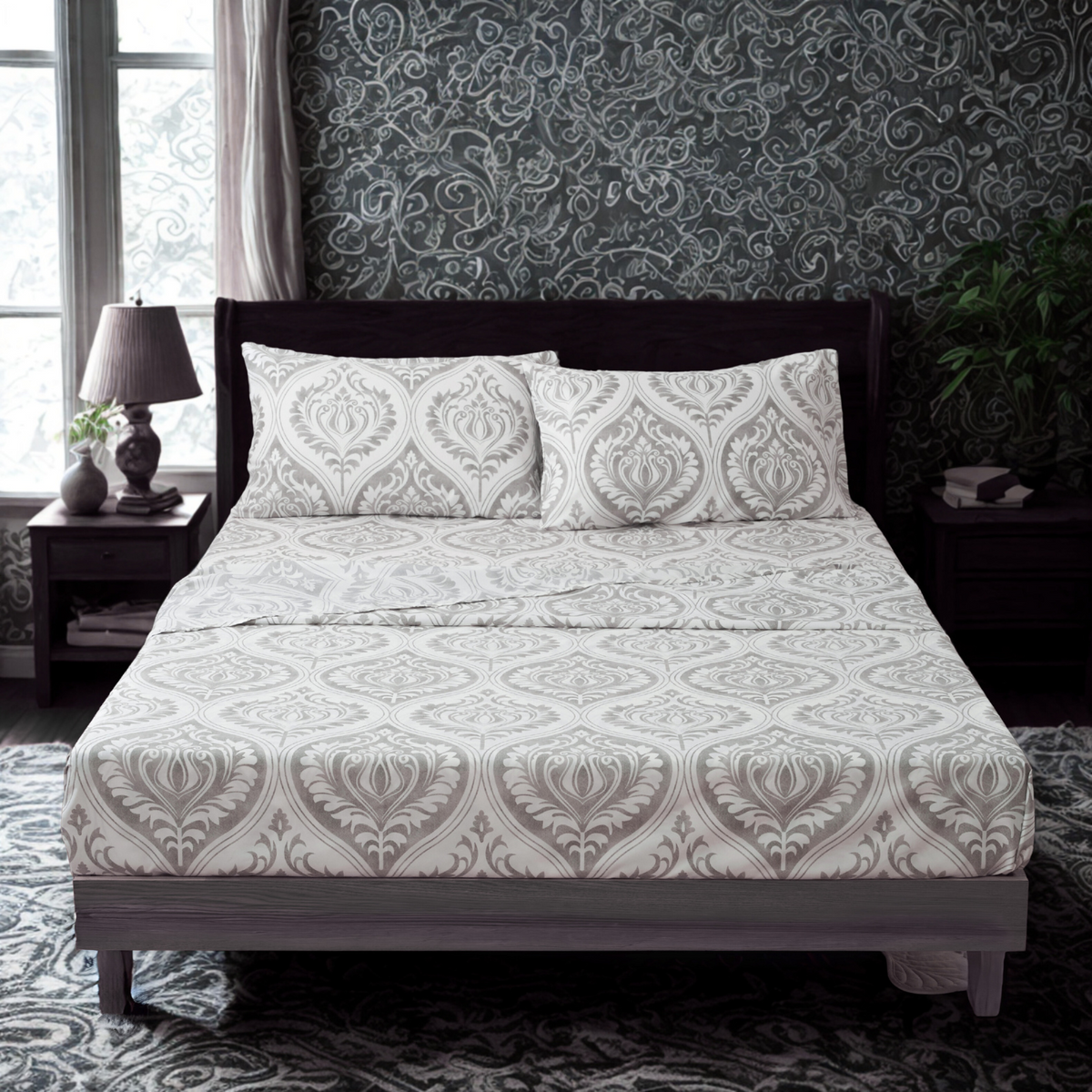 Tache Dreamy Moon Sky Ogee Damask Heather Gray White Bed Sheet Set (TB300)