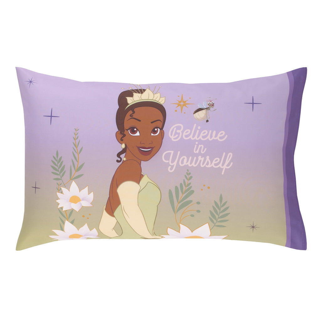 NoJo Disney Princess Tiana Create Your World 4 Piece Toddler Bed Set - Comforter, Fitted Bottom Sheet, Flat Top Sheet, Reversible Pillowcase, Lavender, Green, Yellow